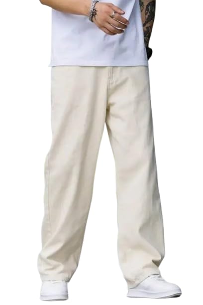 Linaria Loose Fit Baggy Jeans, Plain Beige (in, Numeric, 32, Regular, Beige)