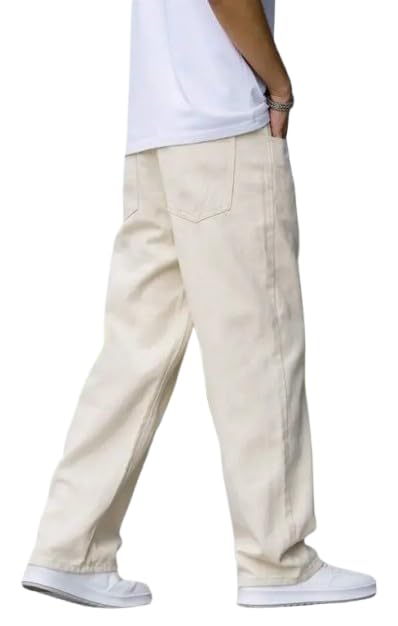 Linaria Loose Fit Baggy Jeans, Plain Beige (in, Numeric, 32, Regular, Beige)