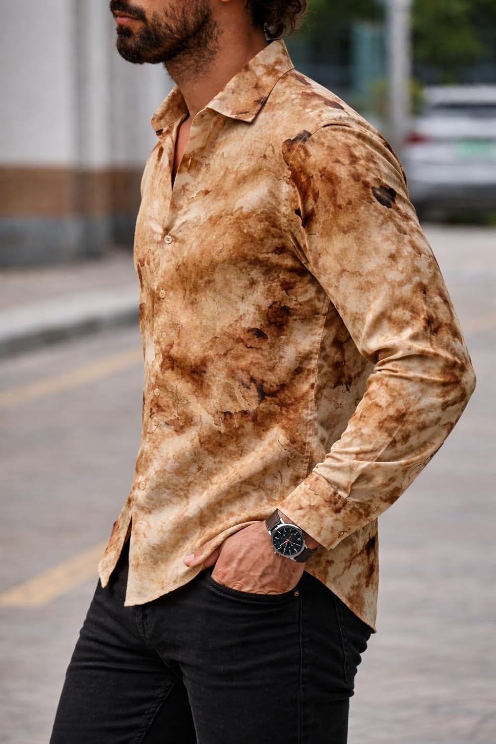 Men's Regular Fit Button Down Dress Shirts, Textured Long Sleeve Casual Hawaiian Shirt