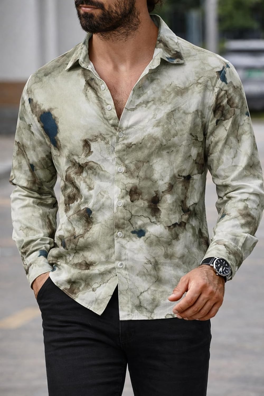 Men's Regular Fit Button Down Dress Shirts, Textured Long Sleeve Casual Hawaiian Shirt